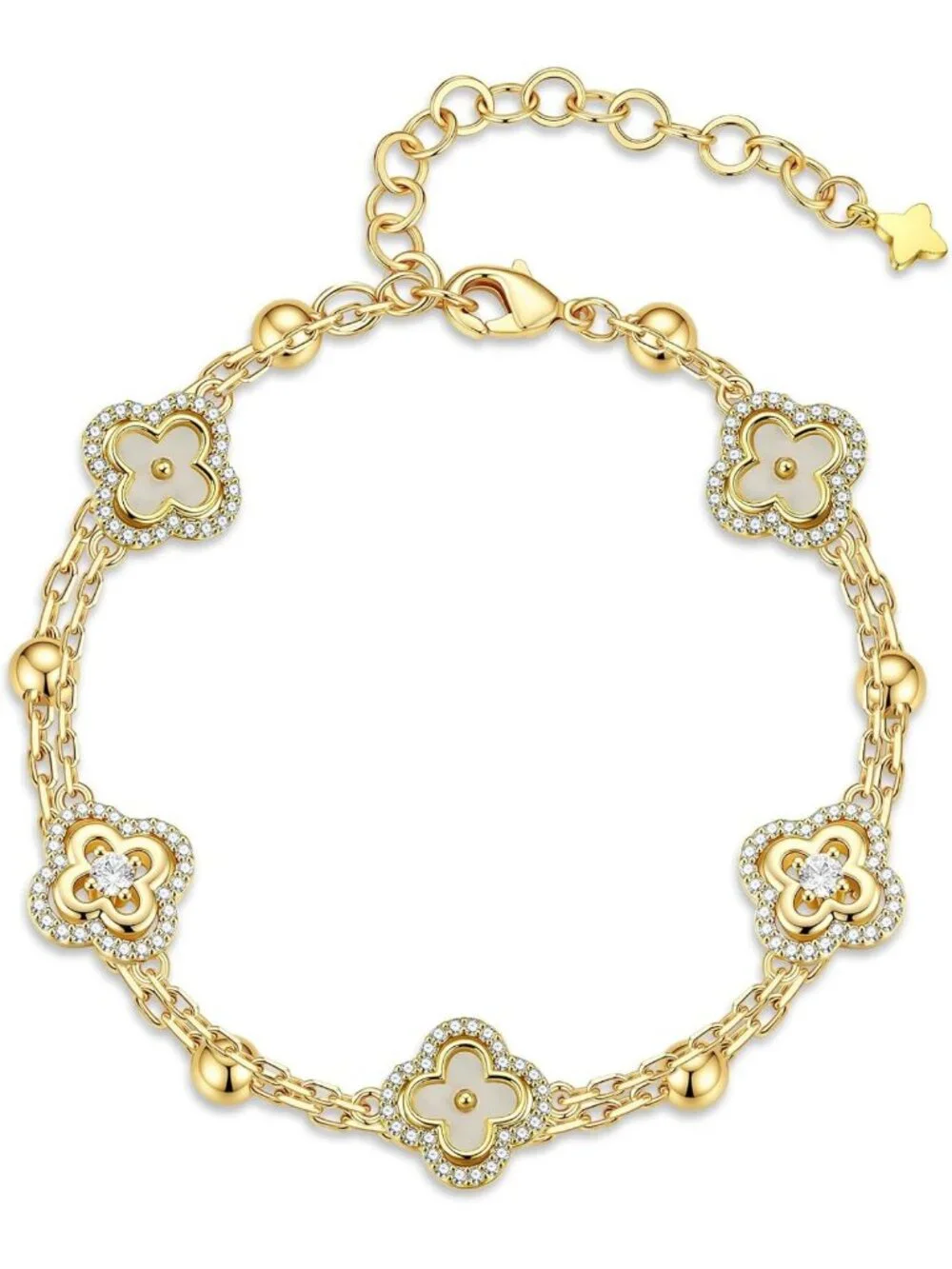 14K Gold Plated CZ Clover Bracelet - Elegant Jewelry Gift for Women & Girls
